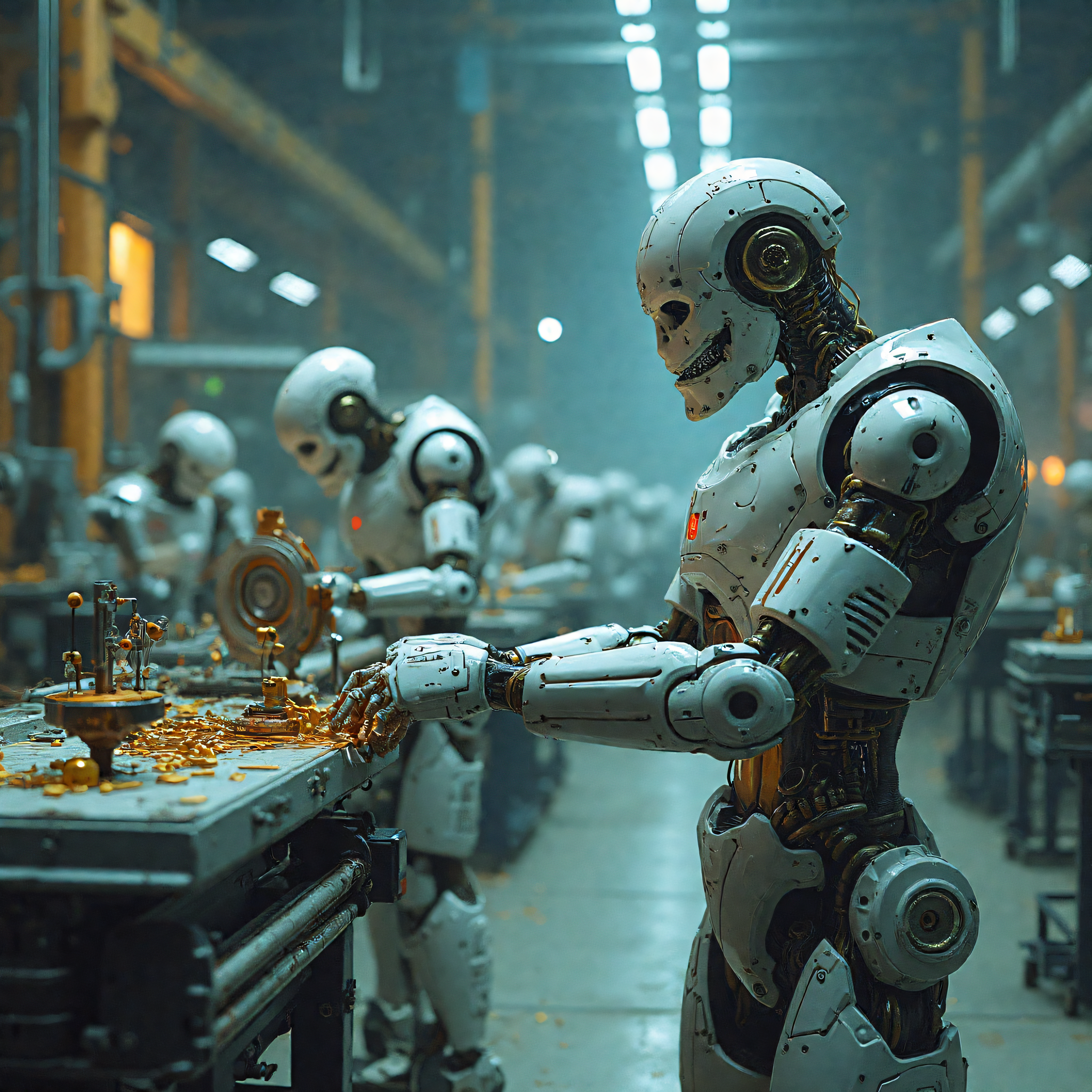 Robotic assembly scene in a futuristic factory