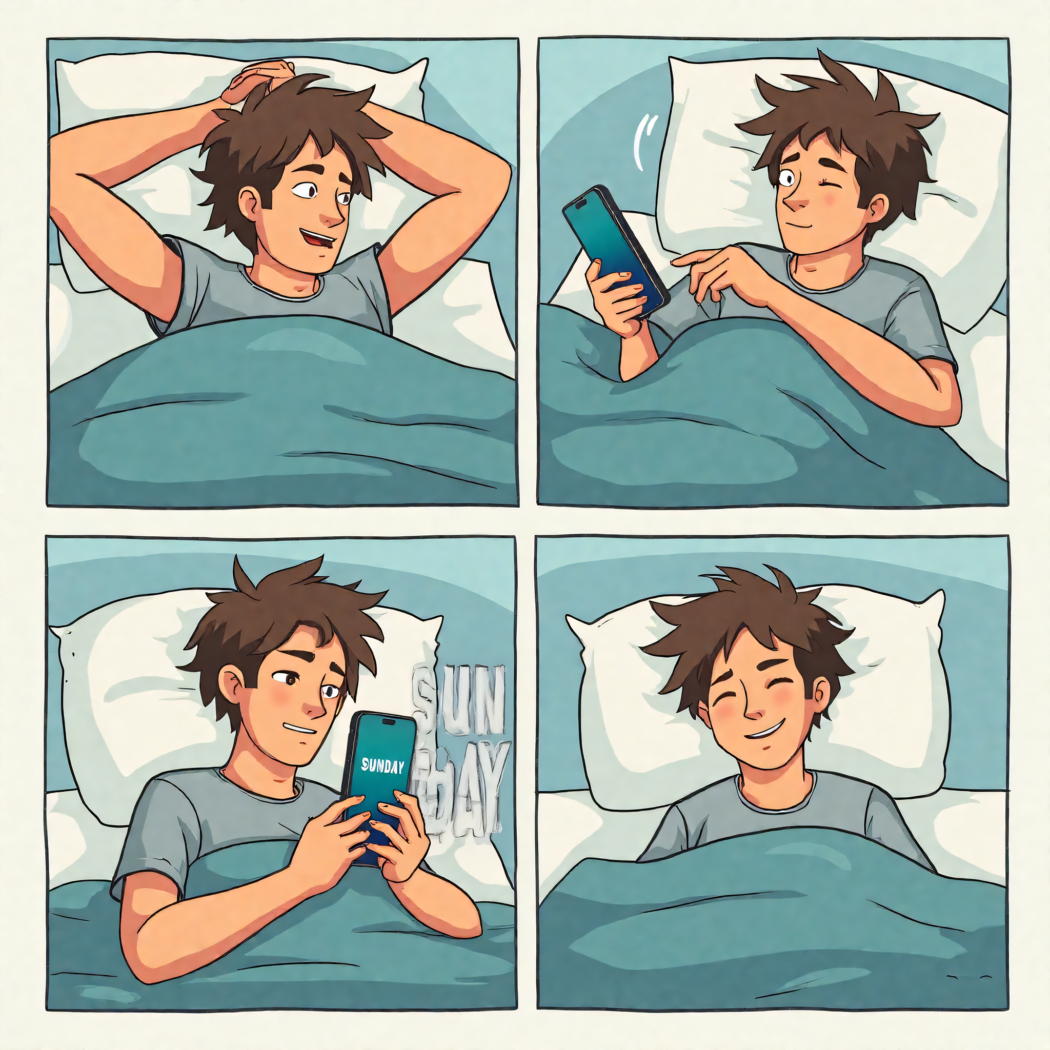 Four-panel comic of a lazy weekend morning