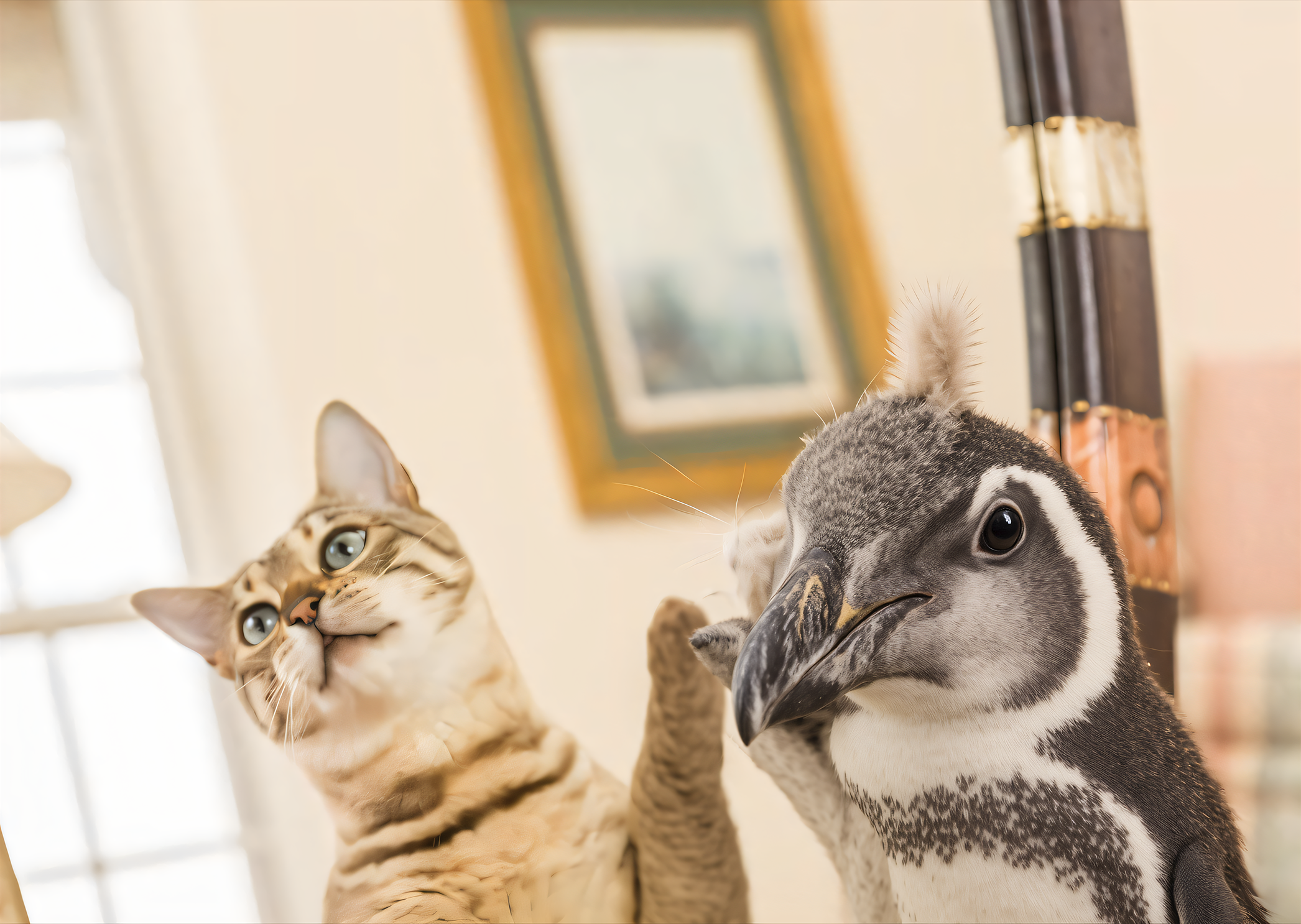Mirror composition with the cat replaced by a penguin