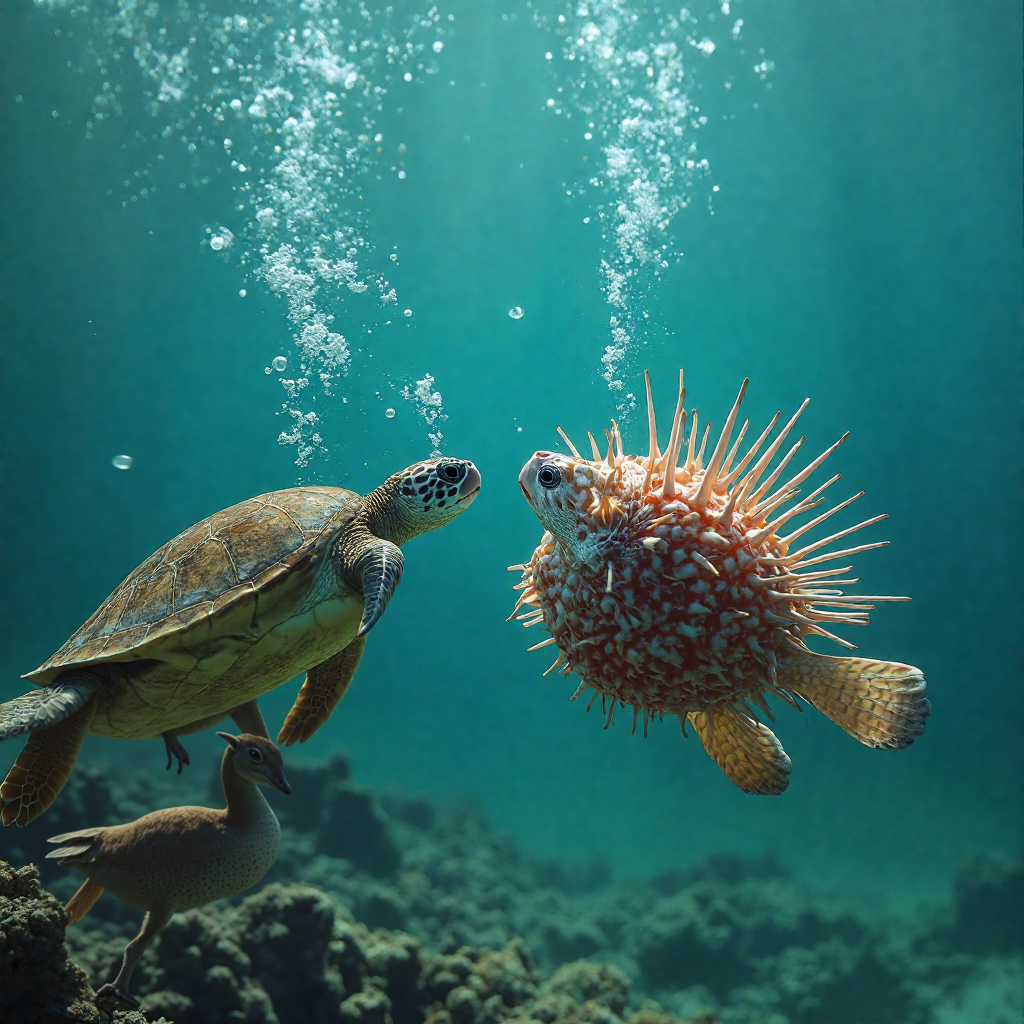 Underwater photography of a pufferfish and turtle in defensive posture